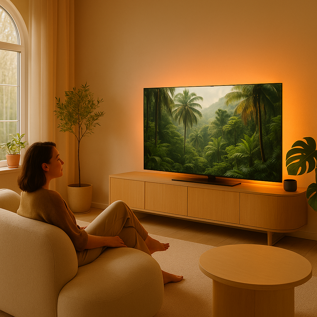 Woman watching tv in a cosy living room