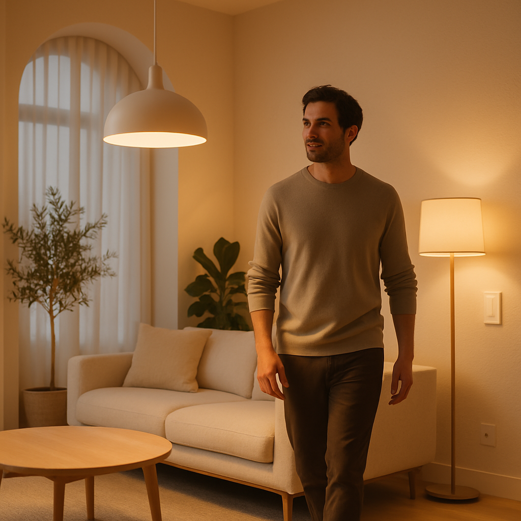 Man walking in a room and the lights are on