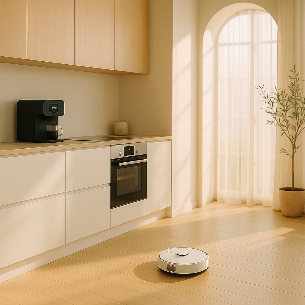 A robot vacuum cleaning the kitchen room