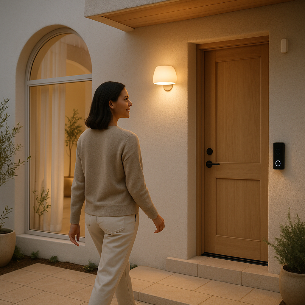 A woman safely returning home with a smartlock unlocking the front door